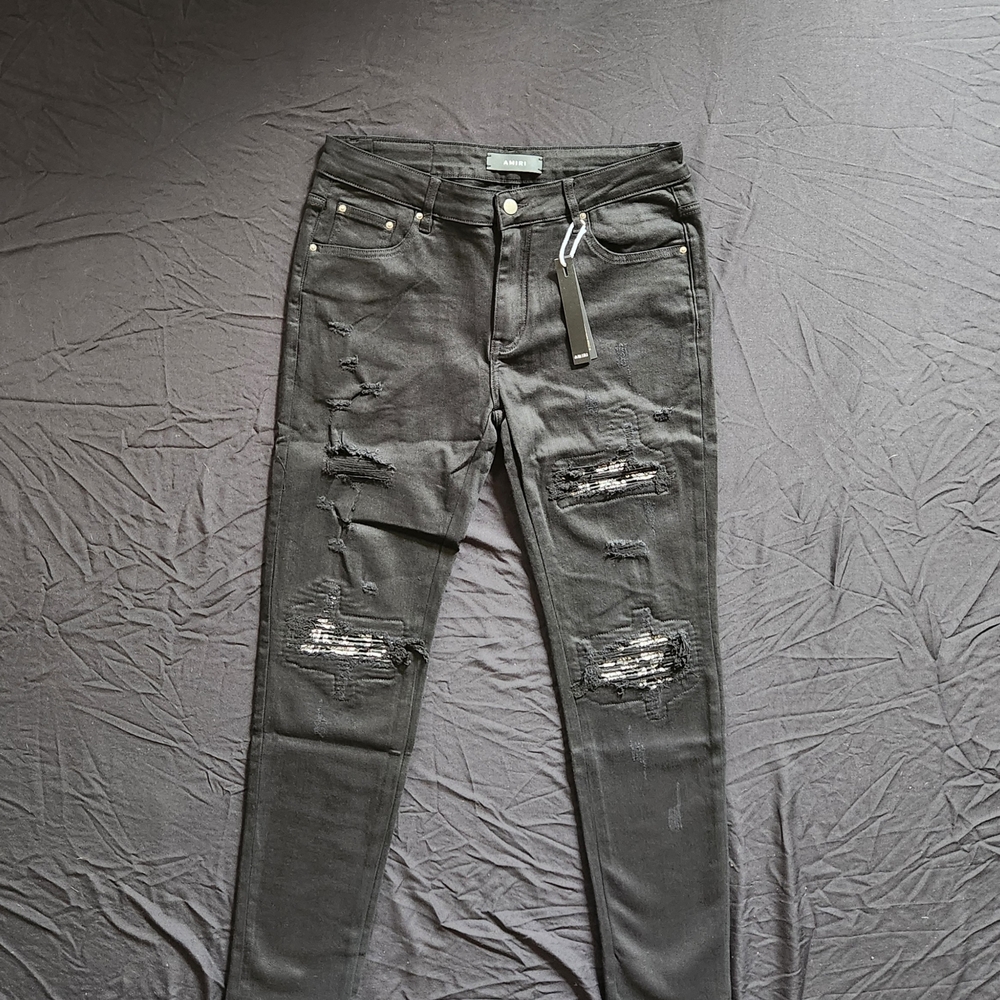 AMIRI Black Bandana Distressed Skinny Jeans